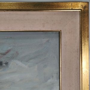 Óleo sobre lienzo "Escena Rural" de Dante Cola, con marco dorado - imagen 5