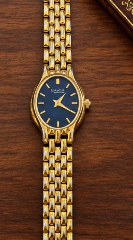 Reloj Bulova Caravelle Femenino Elegante Caja Ovalada Esfera Azul Dorado