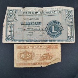 Lote siguiente: Billetes de Colección: Cinco Pesos Club de Leones de Carrasgo y Billete Chino