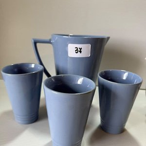 Jarra y 3 Vasos de Cerámica Azul con Tetera Decorada - imagen 2