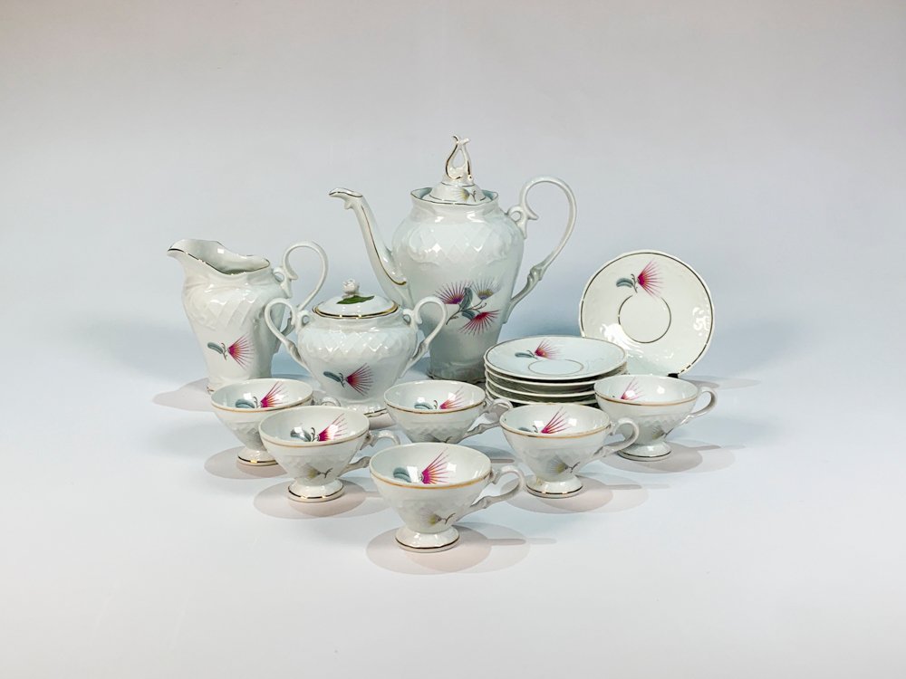Juego de Café de Porcelana Blanca Brasilera Schmidt con Decoración Floral
