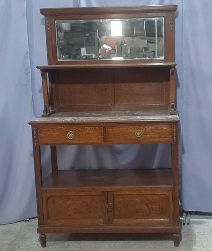 Mueble Antiguo de Roble con Espejo Biselado y Tapa de Mármol