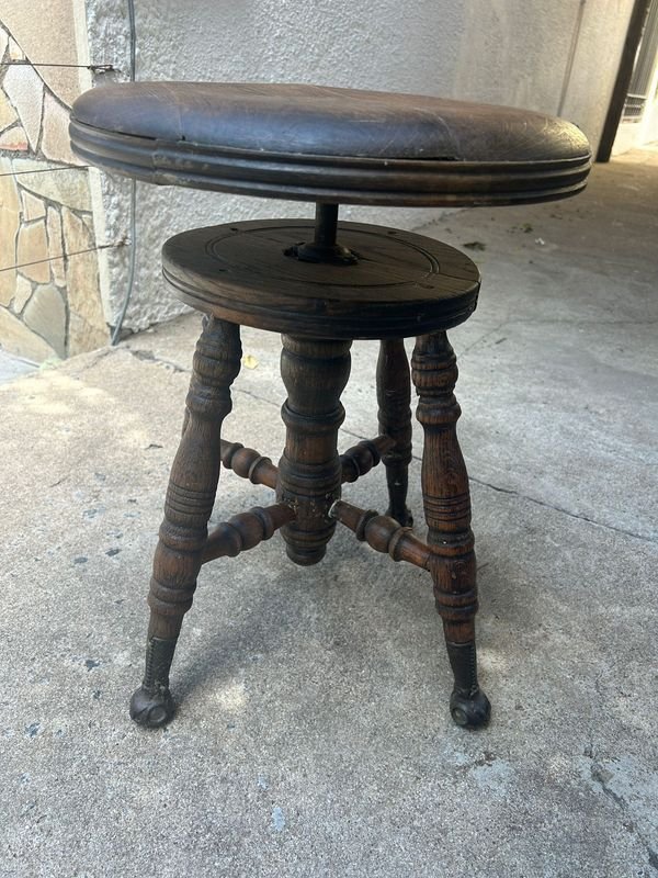 Banqueta de piano regulable en roble americano con patas hierro y bochas de vidrio firme - imagen 5