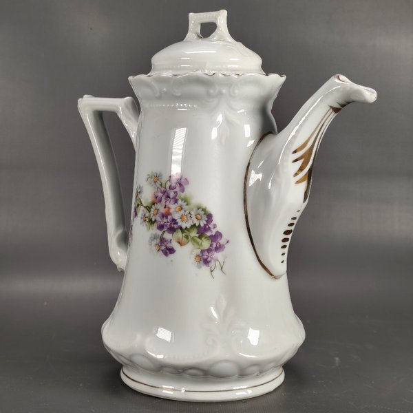 Cafetera Isabelina Porcelana Alemana "P.K. Silesia" con Flores Violetas - imagen 1