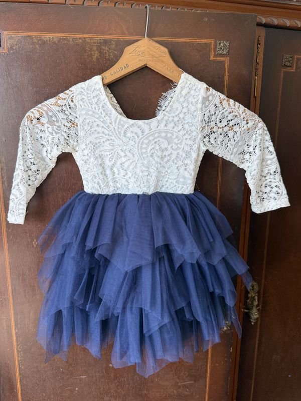 Vestido de Fiesta para Niña con Encaje Blanco y Tul Azul Marino