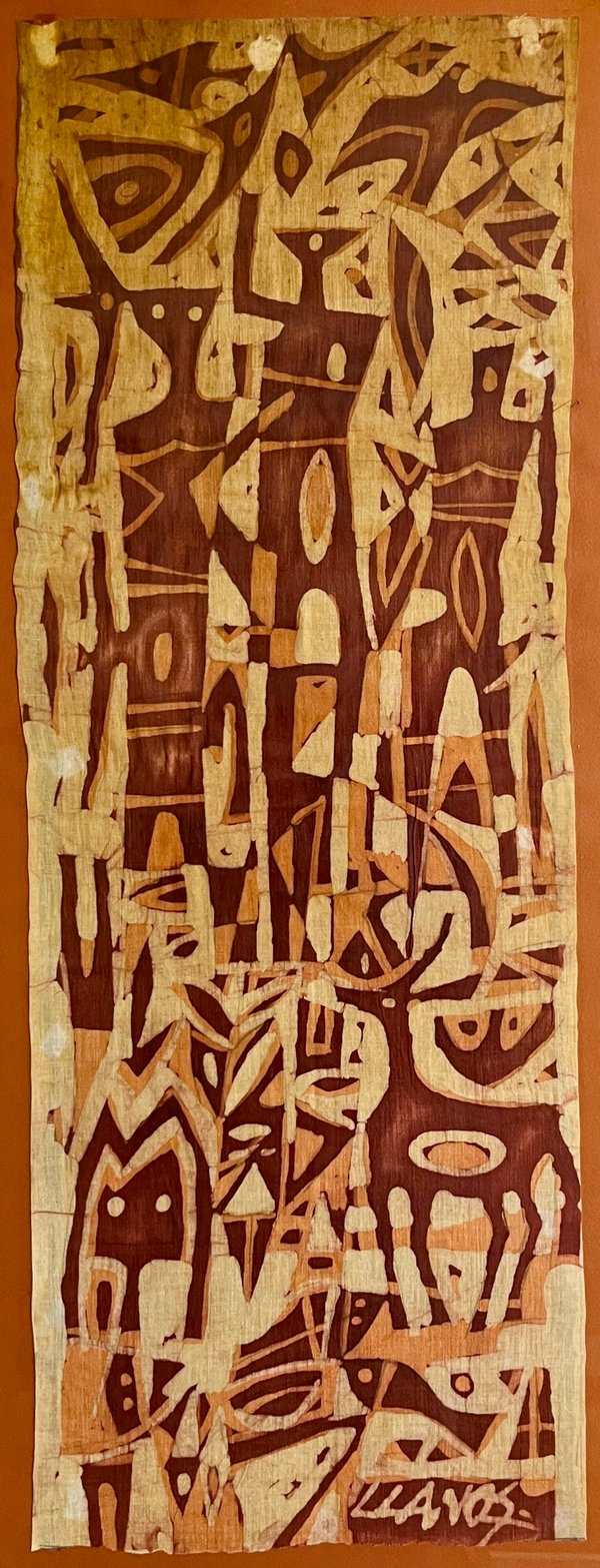 Composición de Carlos Llanos: Batik sobre tela, 88 x 32 cm, firmado