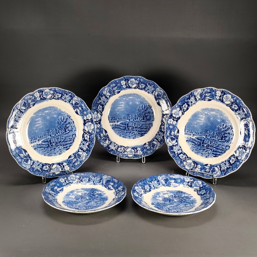 Lote de 5 Platos de Loza Inglesa "Teddington Locks" - Palissy Pottery
