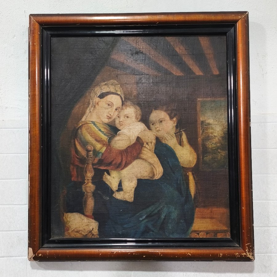 Oleo "La Virgen de la Silla" sin firma, marco de madera y yeso