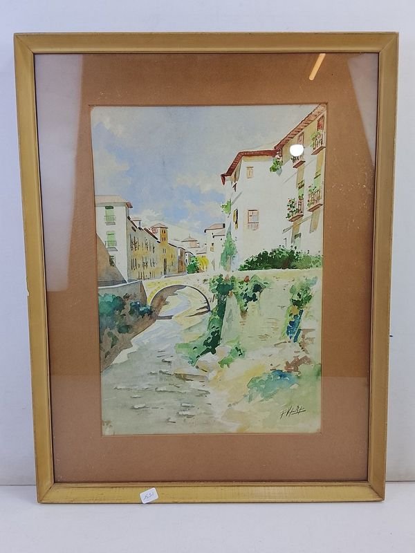 Acuarela Firmada F. Ribas: Paisaje Urbano con Río y Puente (45x58cm) - imagen 1