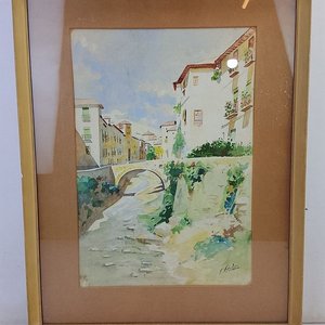 Lote siguiente: Acuarela Firmada F. Ribas: Paisaje Urbano con Río y Puente (45x58cm)