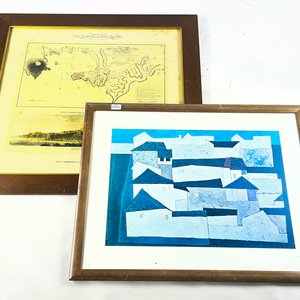 Dos Cuadros: Mapa Antiguo de Montevideo y Paisaje de Caseríos - imagen 1