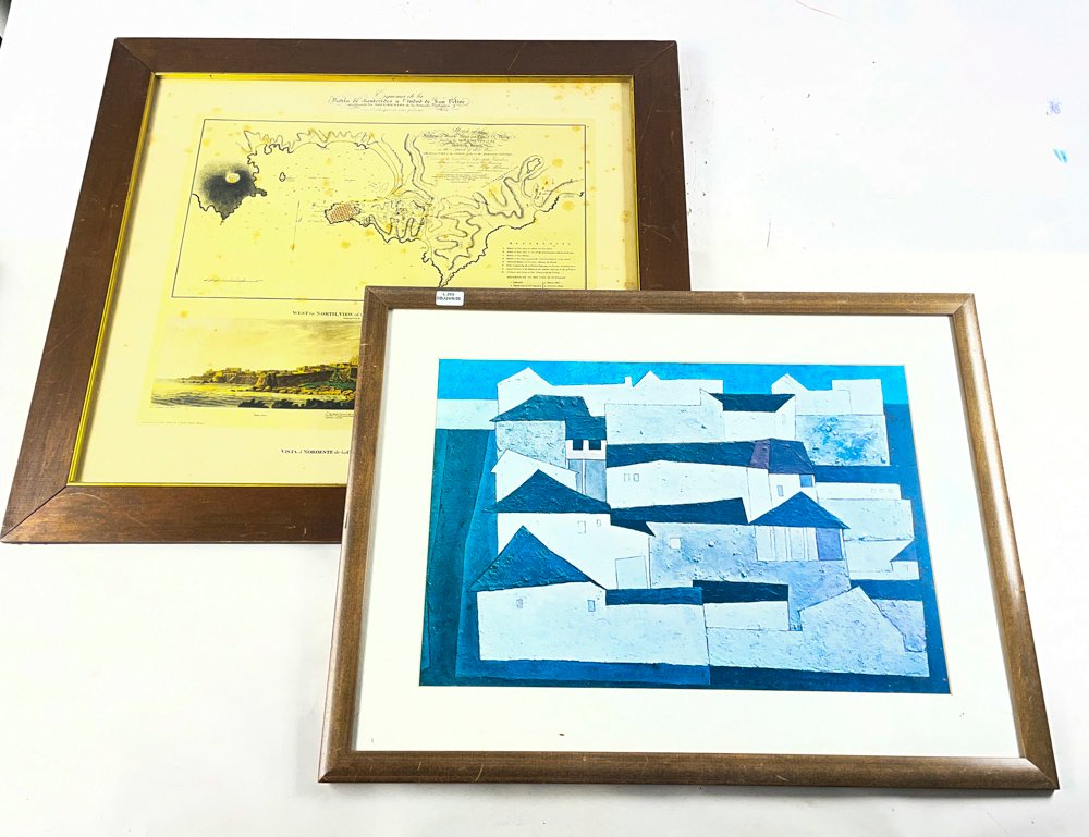 Dos Cuadros: Mapa Antiguo de Montevideo y Paisaje de Caseríos