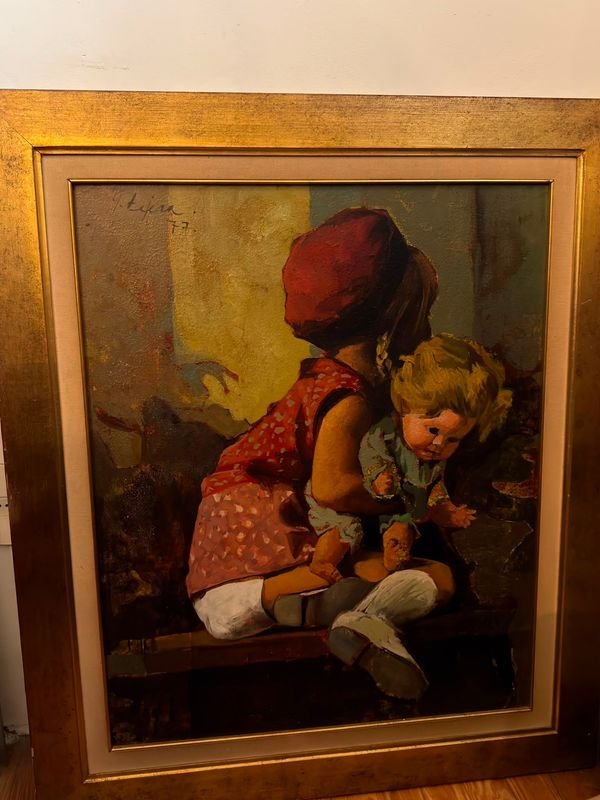 Pintura "Niña Jugando" de M.A. Tejera, Acrílico Enmarcado 70x95 cm