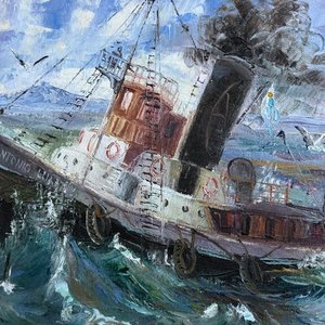 Óleo "Remolcador en el Puerto de Montevideo" por Milton Da Luz - imagen 3