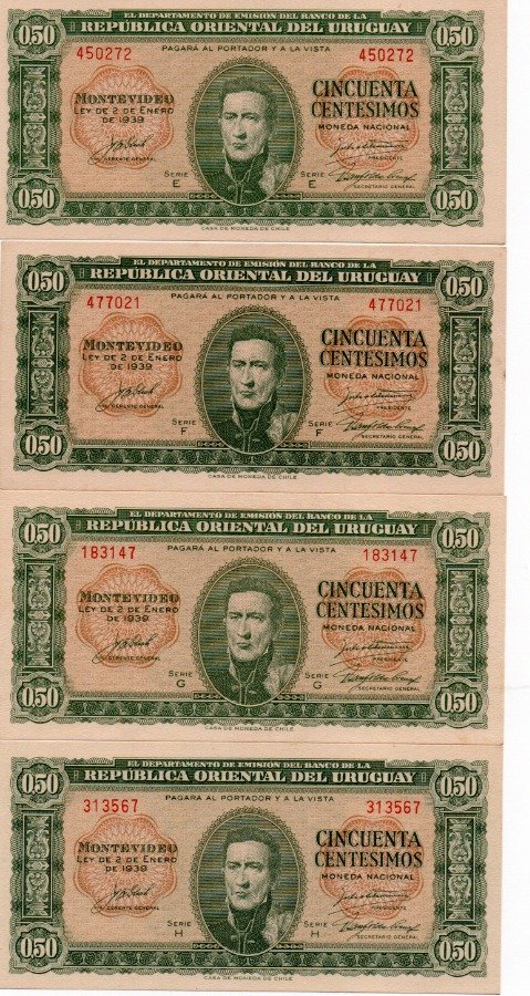Lote de 4 Billetes Uruguayos de 50 Centésimos - Año 1939