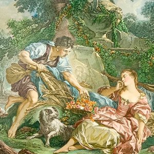 Cuadro Grabado a Color "Le Panier Mysterieux" Dama y Hombre con Perro - imagen 3