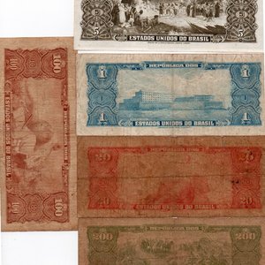 Lote de 5 Billetes de Brasil: 1, 5, 20, 100 y 200 Cruzeiros (1950s-1960s) - imagen 3