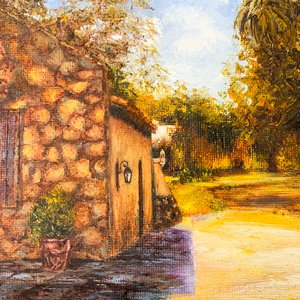 Cuadro al óleo sobre fibra: Caseríos en Colonia, firmado por Castillo - imagen 2