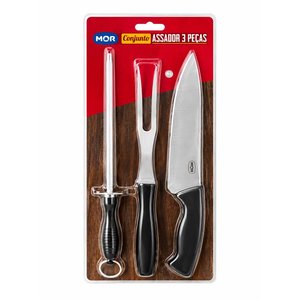 Lote siguiente: Set cuchilla, tenedor y afilador de parrilla mor mango negro 8"