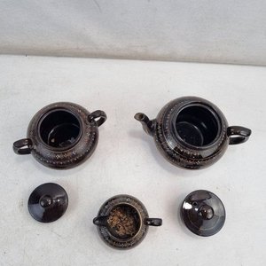 Antiguo Set de Té Cerámica Esmaltada Floral Dorado Policromo - 3 Piezas - imagen 3