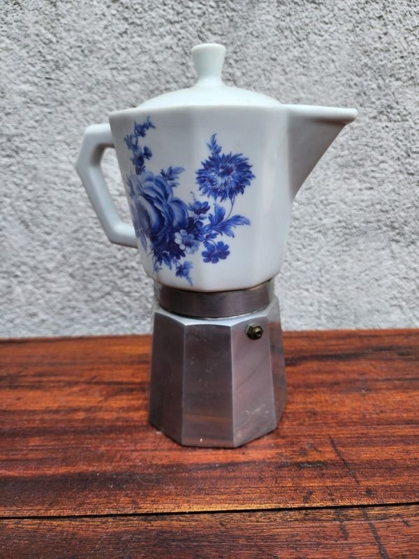 Cafetera Italiana Grande de Loza Blanca con Flores Azules