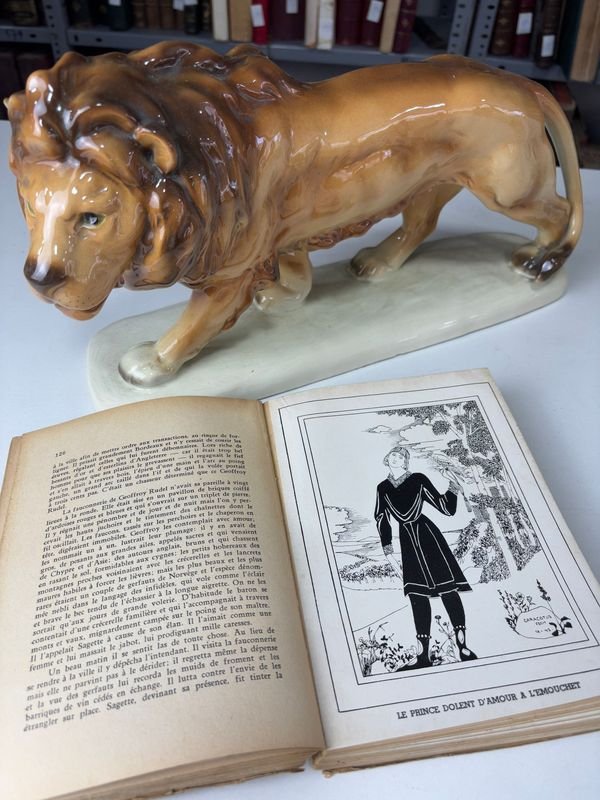 Libro de cuentos con estatua cerámica de león - imagen 5