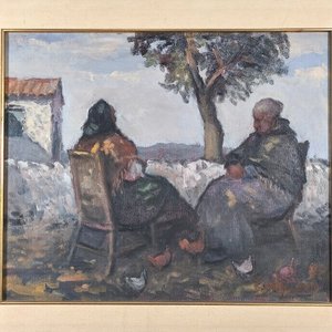 Edgardo Ribeiro: Óleo sobre Lienzo "Dos Mujeres Sentadas" Firmado y Enmarcado - imagen 3