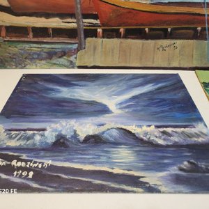 Lote de 4 Cuadros al Óleo sobre Lienzo: Astillero, Paisaje Rural y Marinas - imagen 3