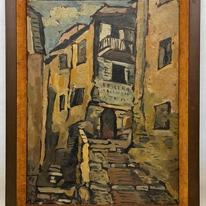 Oleo "Construccion en Pueblo" de Jonio Montiel, 64 x 50 cm - imagen 2