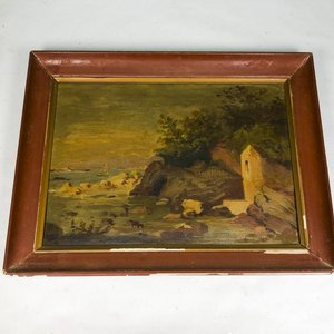 Cuadro al Óleo: Paisaje Marino con Rocas y Torreón, Marco de Madera - imagen 1
