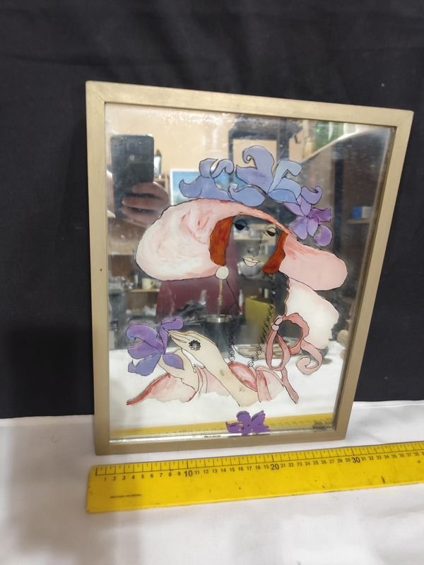 Espejo antiguo con dibujo pintado a mano y firma - imagen 3