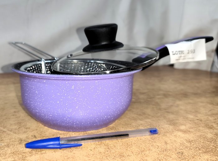 Cacerola Esmaltada con Tapa de Vidrio y Canasto Frutador, 18cm, Nueva. Violeta - imagen 4
