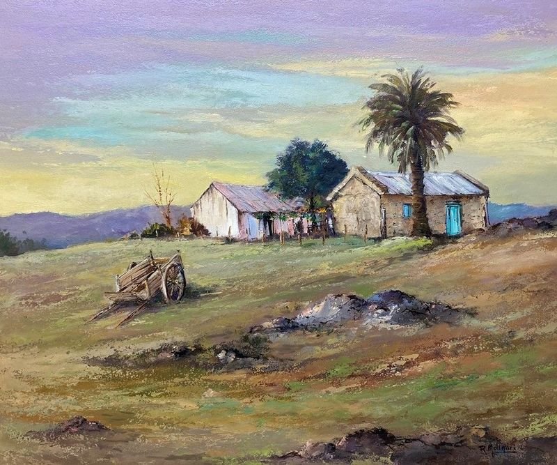 Pintura de caballo en frente de una casa con un árbol detrás, firmada por Alfredo Rodriguez Molinari Sierra de Minas - imagen 2