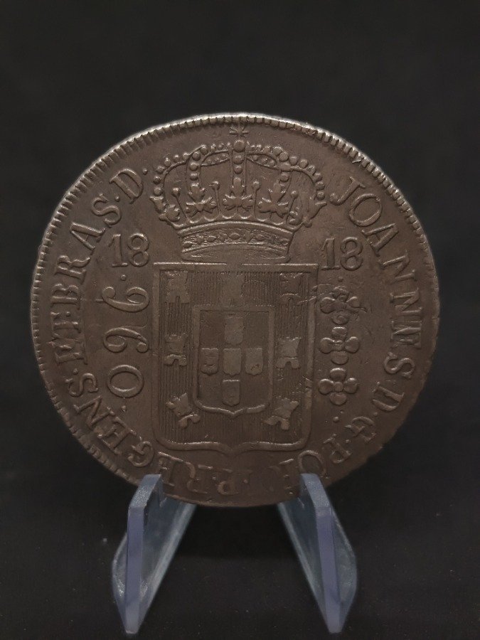 Moneda Brasil 960 Reis 1818 Río de Janeiro Plata - Acuñada sobre Chile 1 Peso Independiente