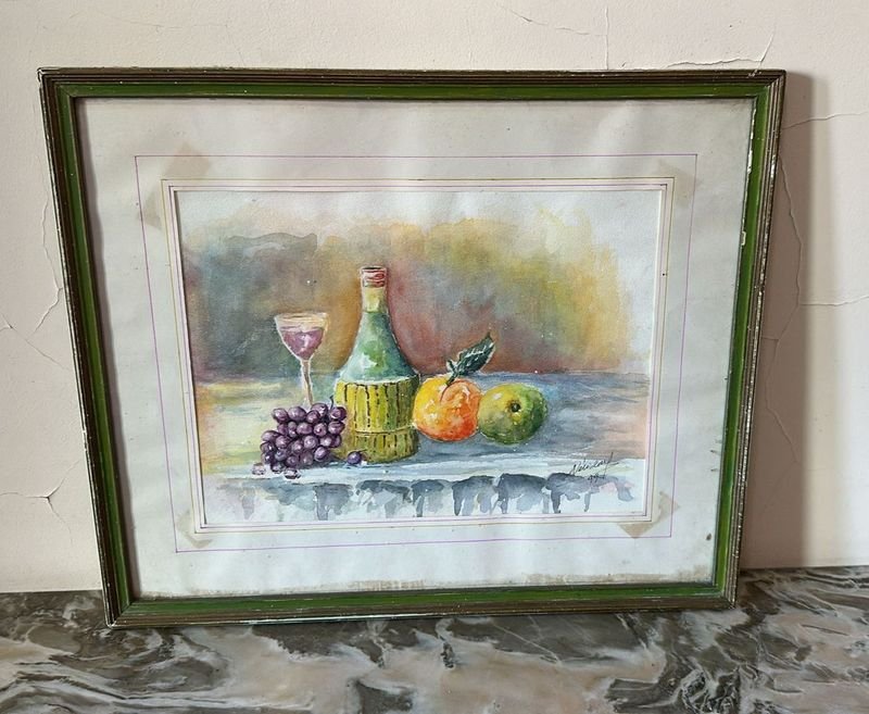 Lote siguiente: Acuarela de Bodegón con Botella y Uvas