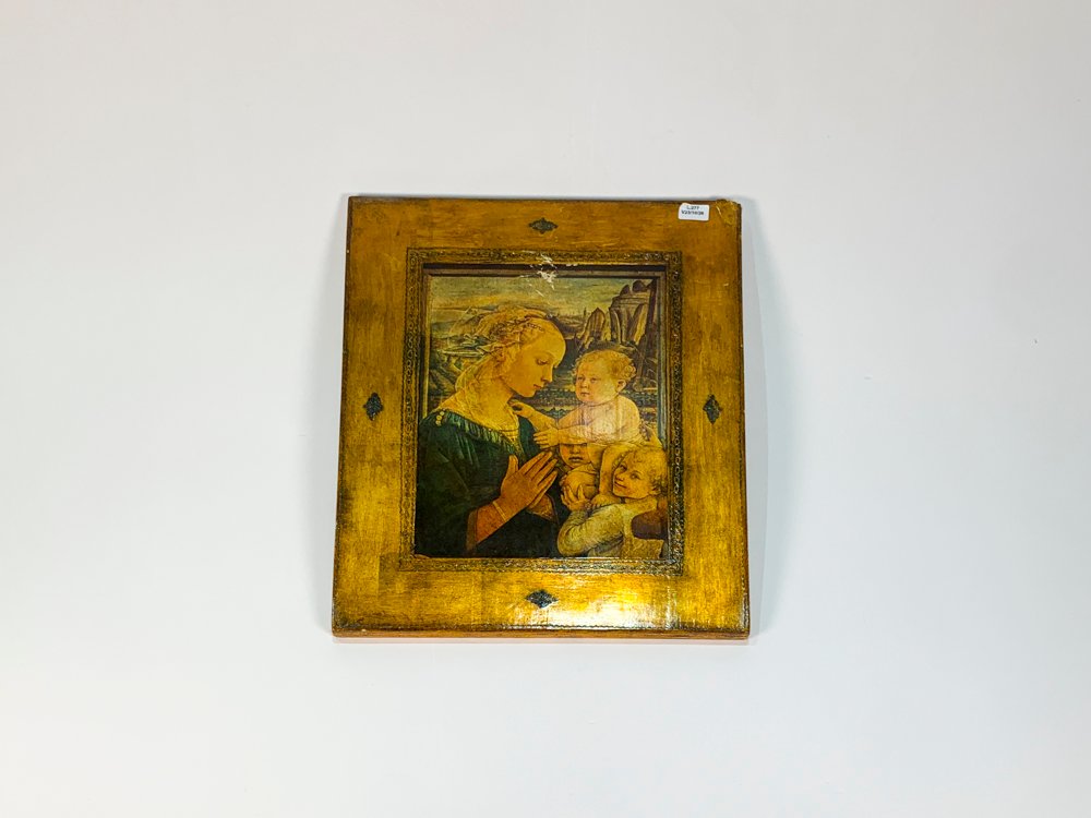 Cuadro Lámina "La Virgen y el Niño con San Juan Bautista" sobre tabla dorada, 41 x 34 cm