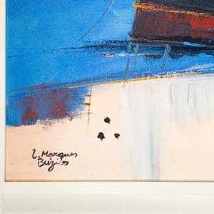 Cuadro Óleo sobre Tela: Marina con Puerto y Barcas, Firmado L. Márquez Buzis - imagen 3