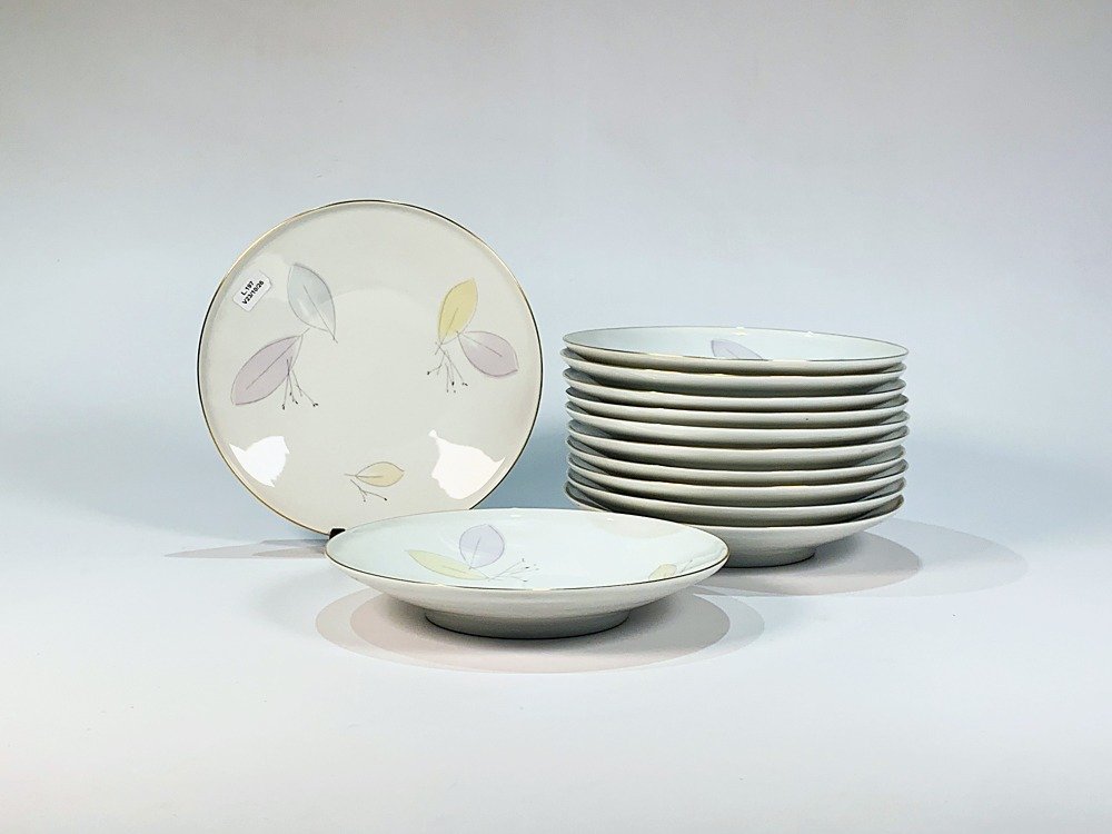 Doce Platos Hondos de Porcelana Bavaria Selb Heinrich, Blancos con Hojas