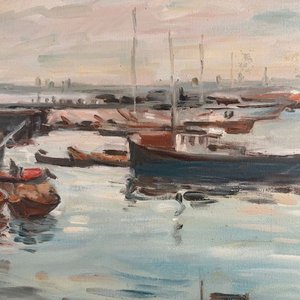 Óleo de Dante Cola: Puerto con Embarcaciones - imagen 5