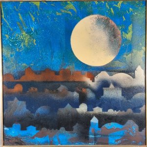 Pintura "Escena Nocturna con Luna" en Acrílico sobre Fibra, Marco Dorado - imagen 3