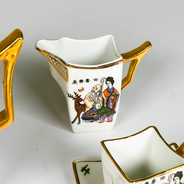 Juego de porcelana oriental para café, quince piezas decoradas personajes - imagen 6