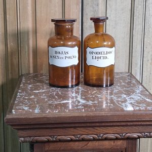 Par de Frascos de Farmacia Antiguos "Hojas de Sen en Polvo" y "Opodeldoch Liquid" - imagen 2