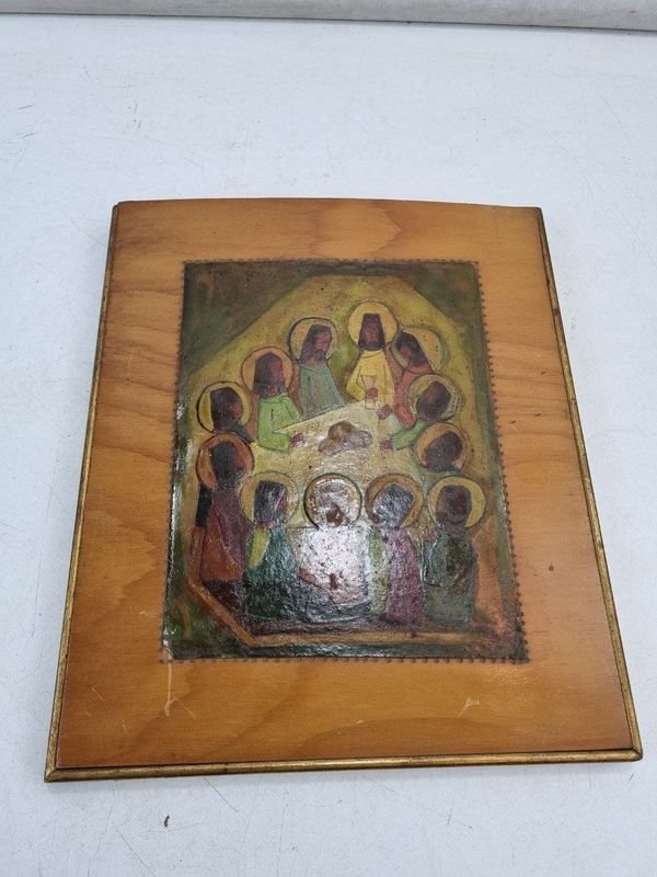 Icono "La Última Cena" en Tabla de Madera con Borde Dorado