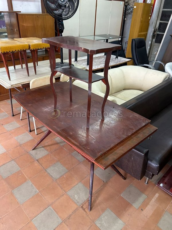 Mesa Auxiliar Antigua de Madera Oscura con Dos Estantes