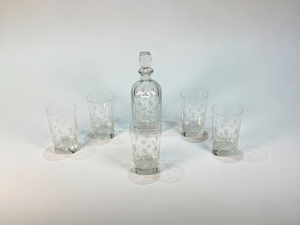 Juego de Botellón y Vasos de Cristal con Hojas Esmeriladas