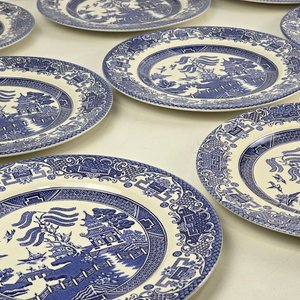 10 Platos Llanos Ingleses Motivo Willow Azul y Blanco - imagen 4