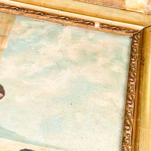 Cuadro al óleo sobre tela: Pareja con niño y figura religiosa, marco de madera dorado - imagen 4