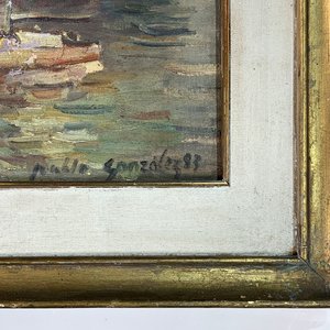Cuadro al óleo "Puerto con veleros" firmado Pablo González (1983) - imagen 2