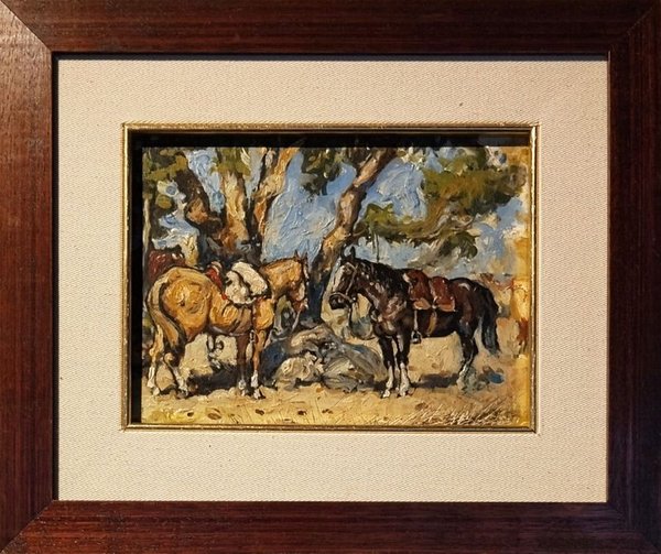 Óleo sobre Fibra Atribuido a William Moreira Cruz: Caballos en Paisaje