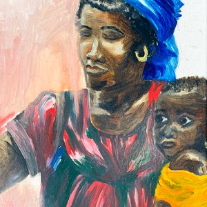 Cuadro al óleo: Dama y niño afro, firmado - imagen 2